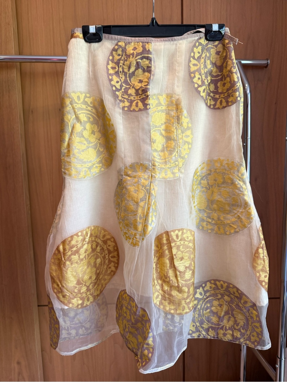 Vintage Elegant Cream Organza Skirt with Gold Medallion Accents, Size XS